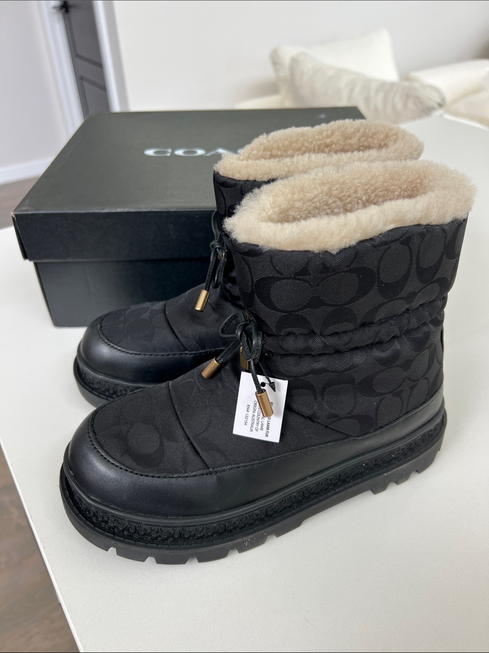 COACH kailee nylon black logo booties snow winter ankle boots size 6